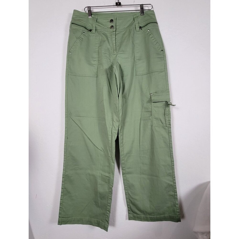 Cabi Womens Mid-Rise Cargo Pants Size 10 Green Wide Leg Stretch Casual #274
